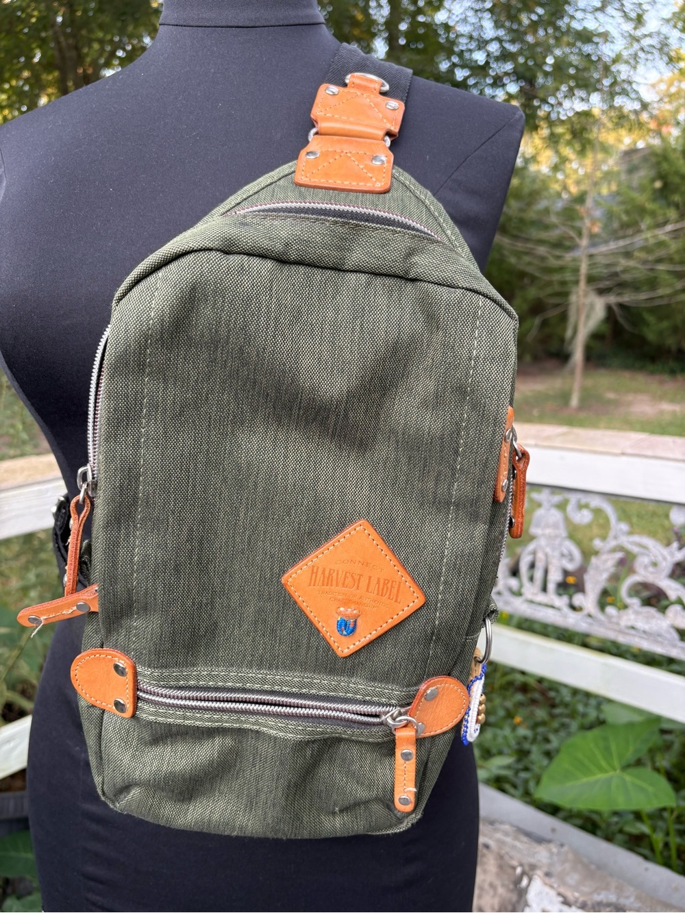 Olive Green Canvas Sling Shoulder Bag with Tan Accents
